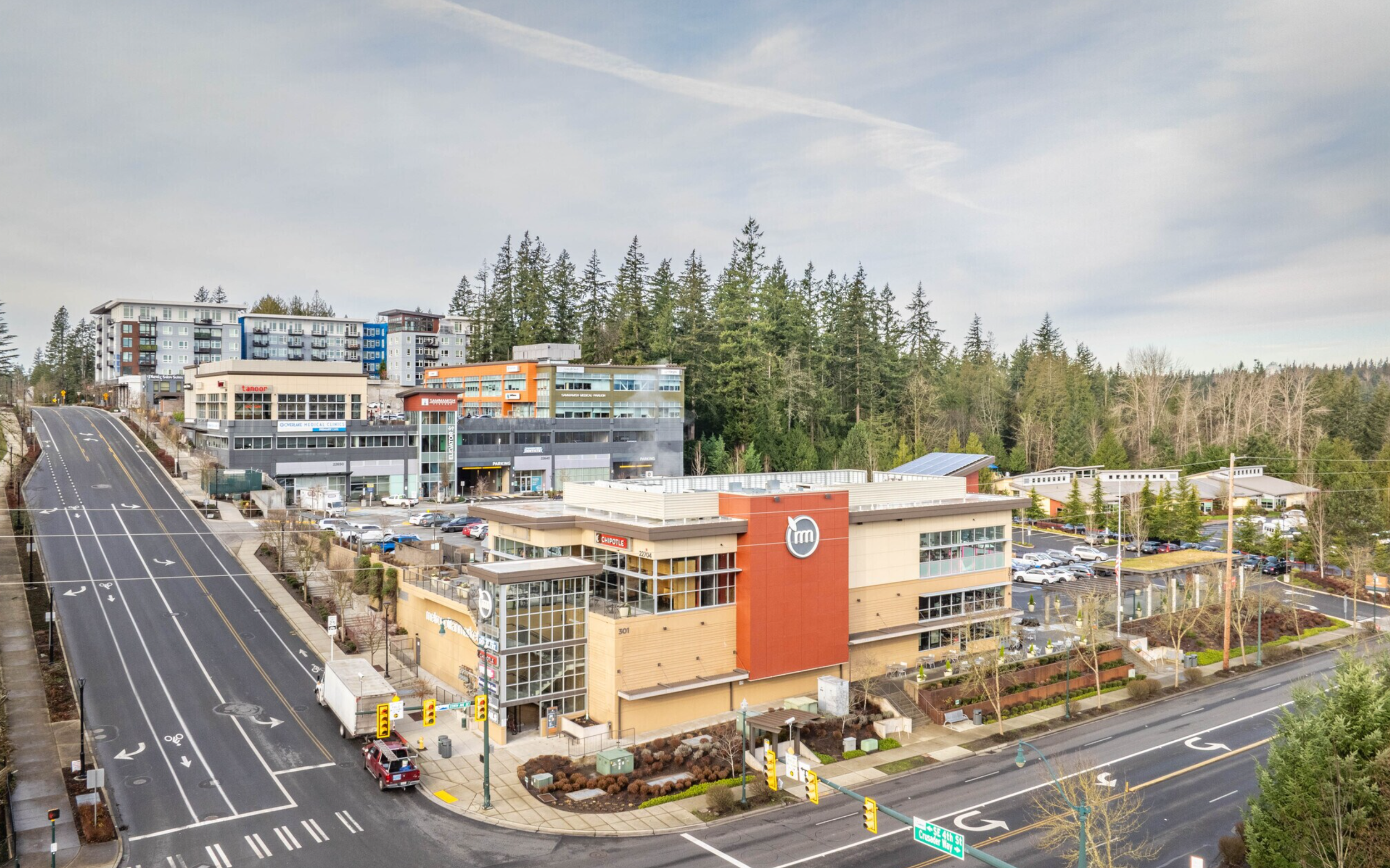Aerial view of downtown Sammamish featuring modern businesses and surrounding neighborhoods.
