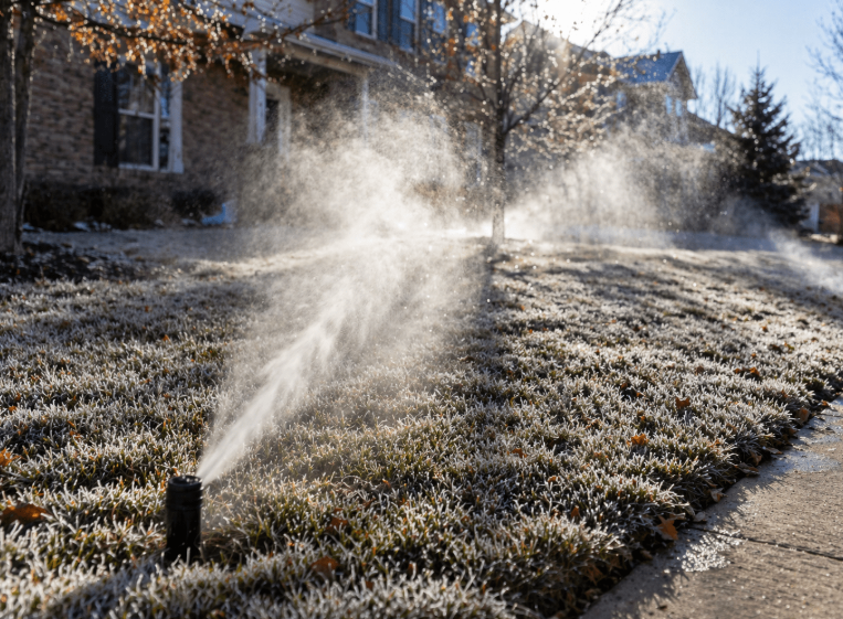 Lawn sprinkler watering frosty grass in front yard of suburban house during early morning.