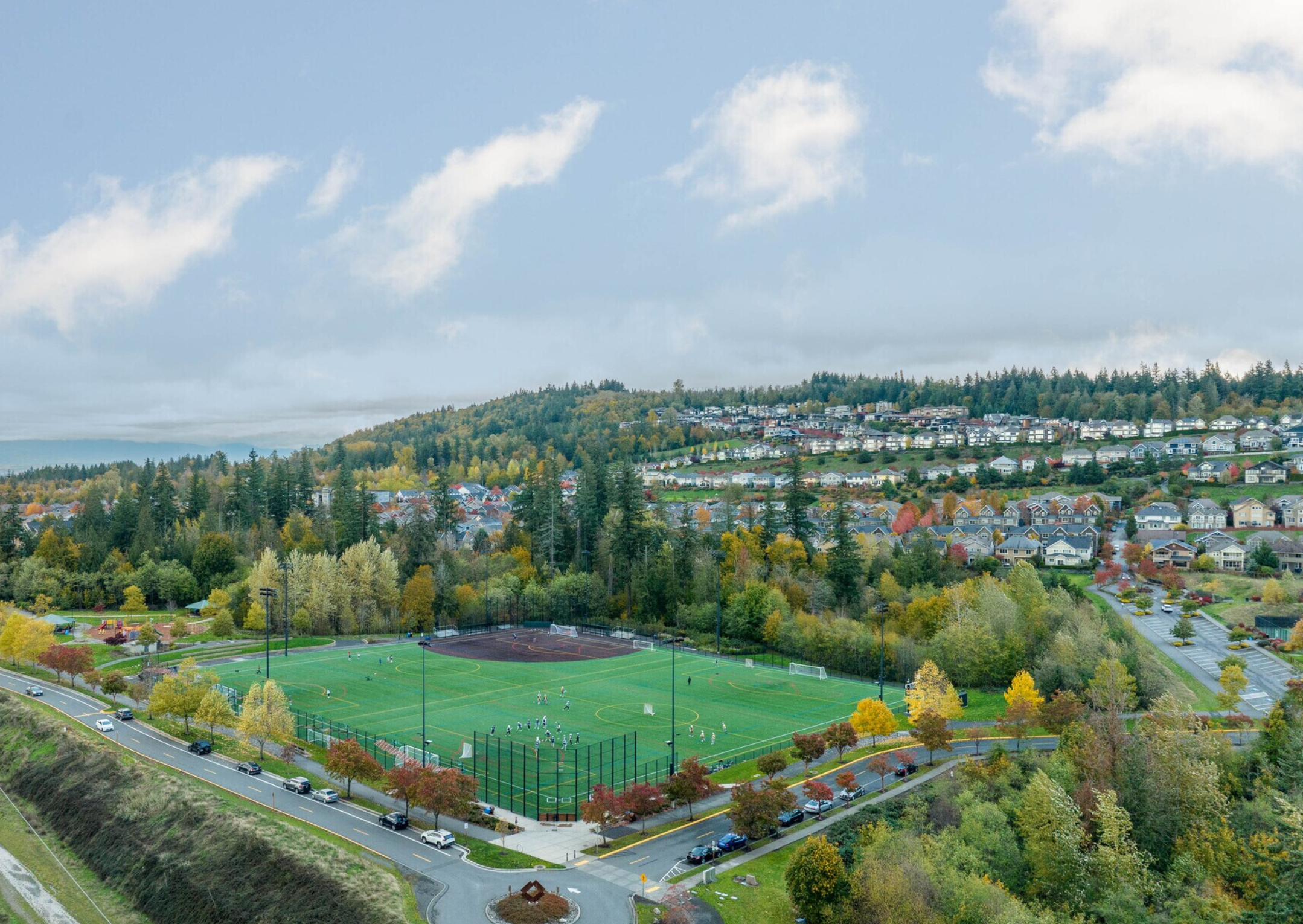 Aerial view of athletic fields and surrounding neighborhoods in Issaquah Highlands, Washington.