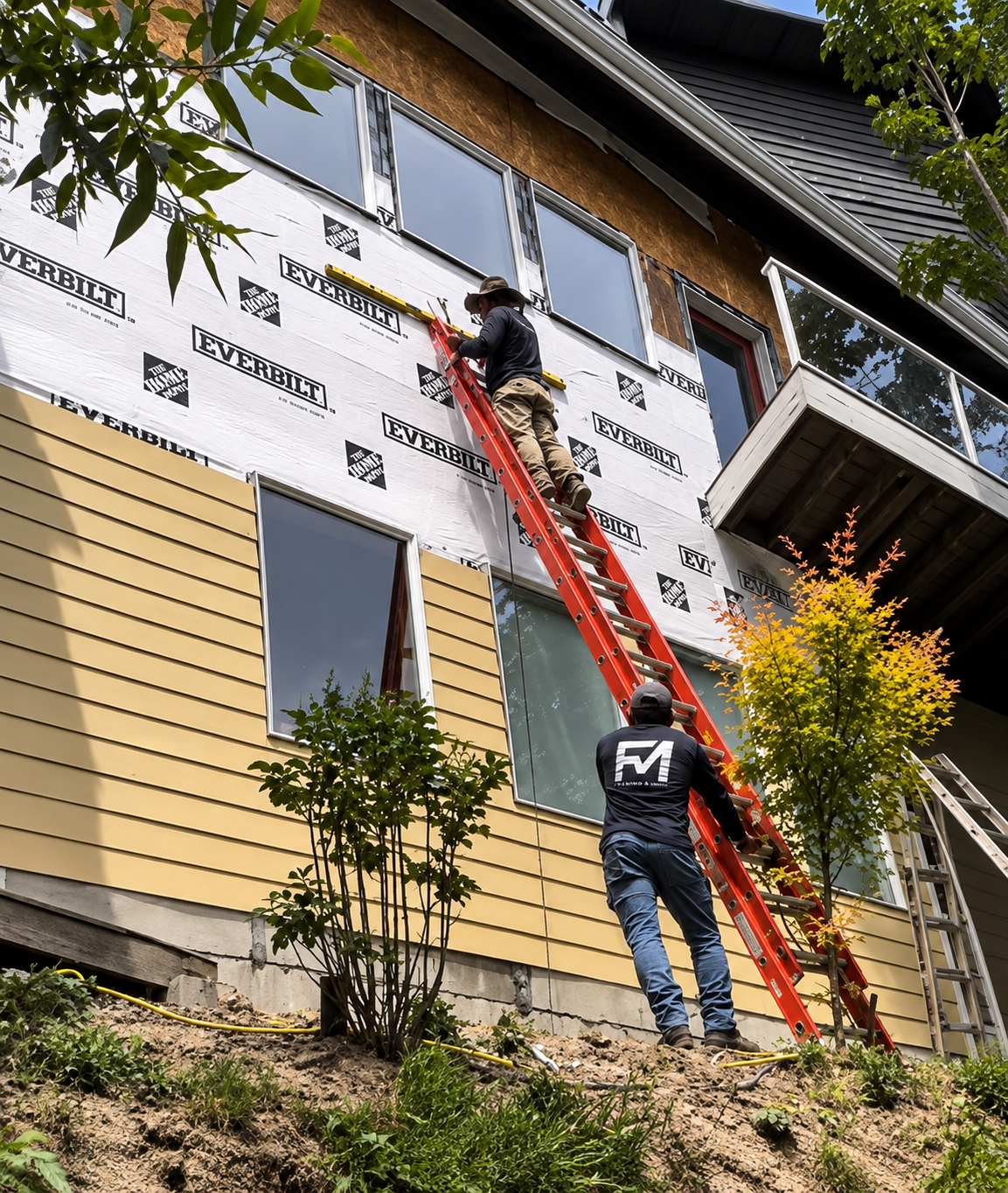 Two construction workers installing or repairing siding and windows on a house using a ladder, with trees and plants in the foreground.