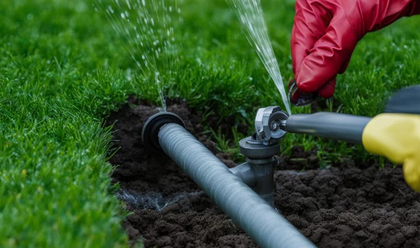 Close-up of a person wearing red and yellow gloves installing an irrigation sprinkler system in a green lawn.
