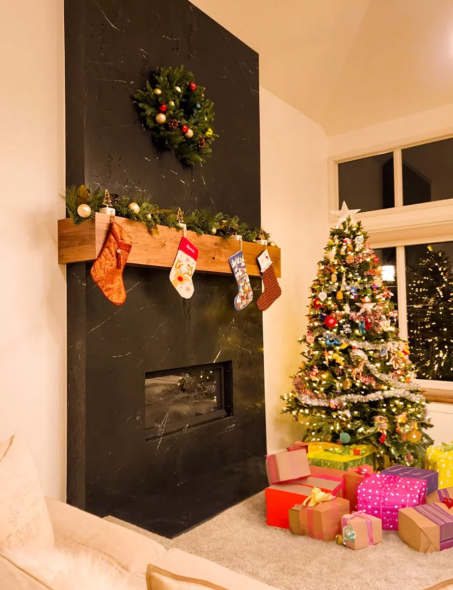 Designer gas fireplace installation prepared for the holiday season by F&M Construction & Remodeling in Mercer Island, WA, serving Bellevue, Seattle, and the Eastside.
