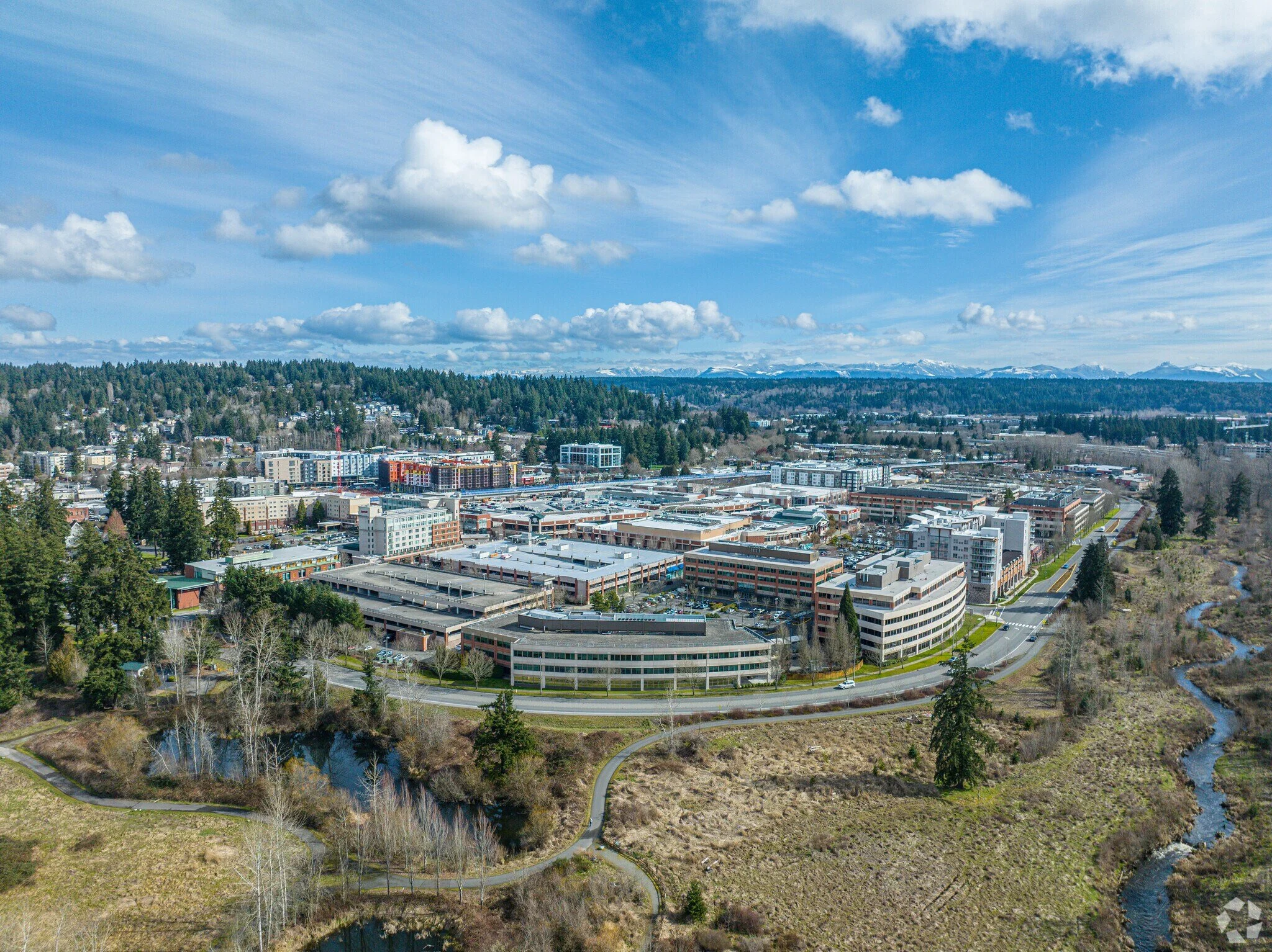 Aerial view of Redmond Town Center, a premier shopping and dining destination in Redmond, Washington.
