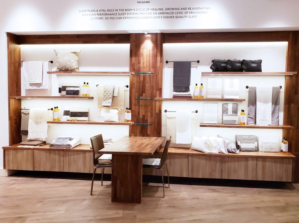 Retail display shelving at Duxiana Bellevue by F&M Construction & Remodeling in Bellevue, WA, serving Bellevue, Seattle, and the Eastside.