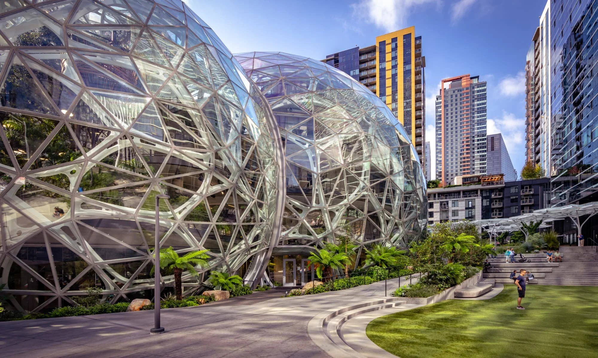 The Amazon Spheres in downtown Seattle, featuring modern architecture and innovative urban design.