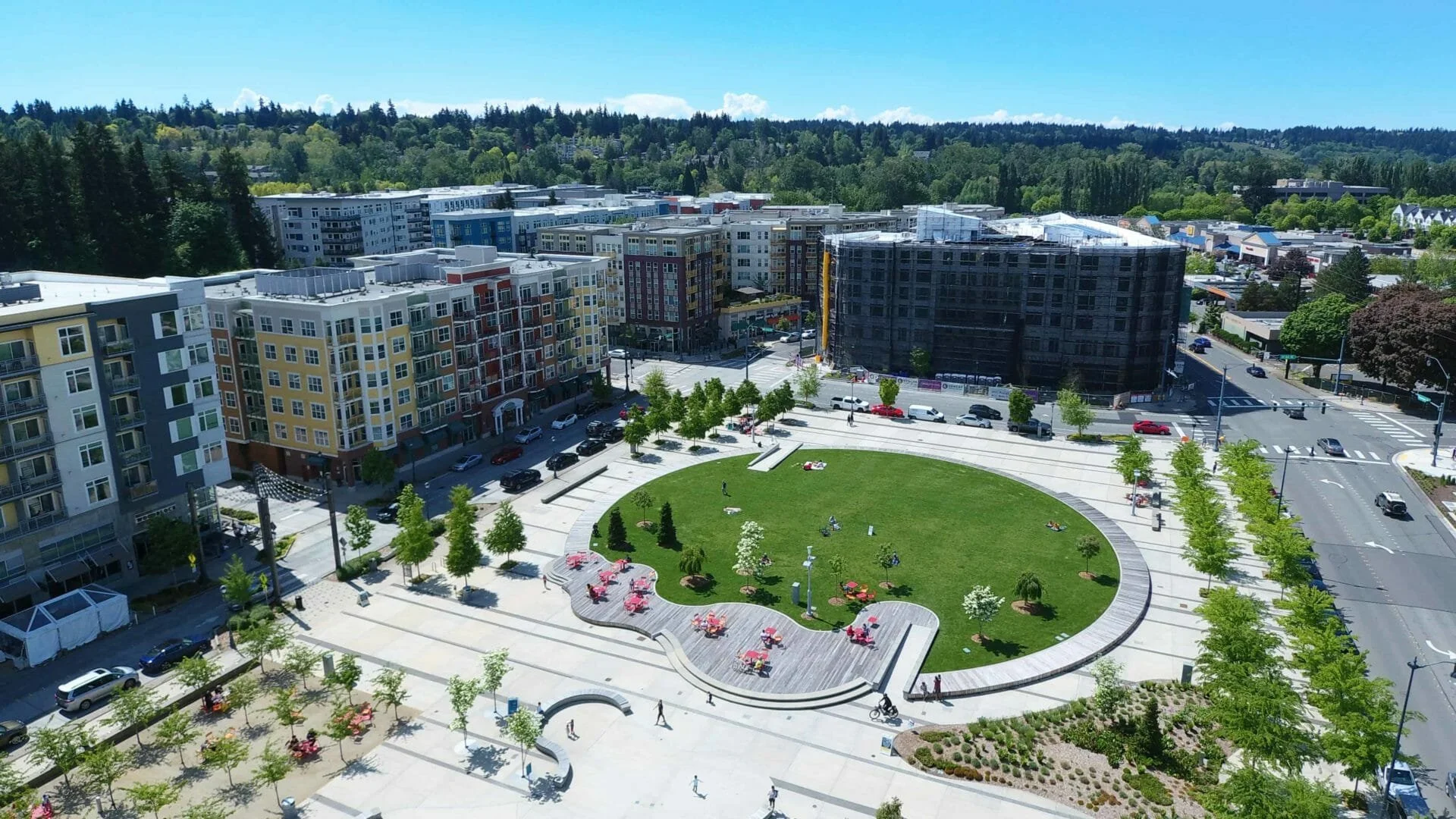 Aerial view of Downtown Redmond Park in Redmond, Washington.