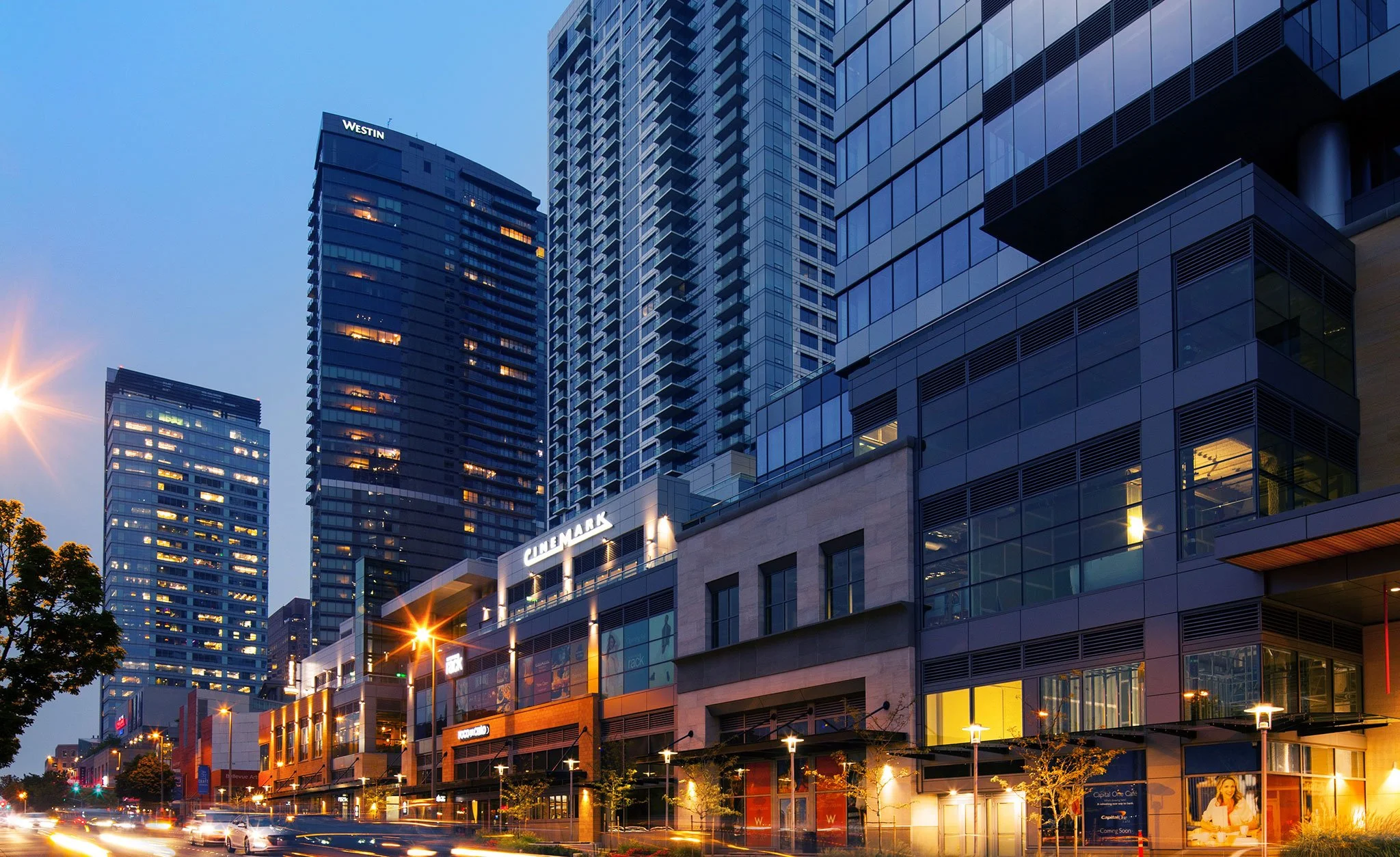 Lincoln Square and downtown Bellevue cityscape in Bellevue, WA, one of the Eastside's premier destinations.