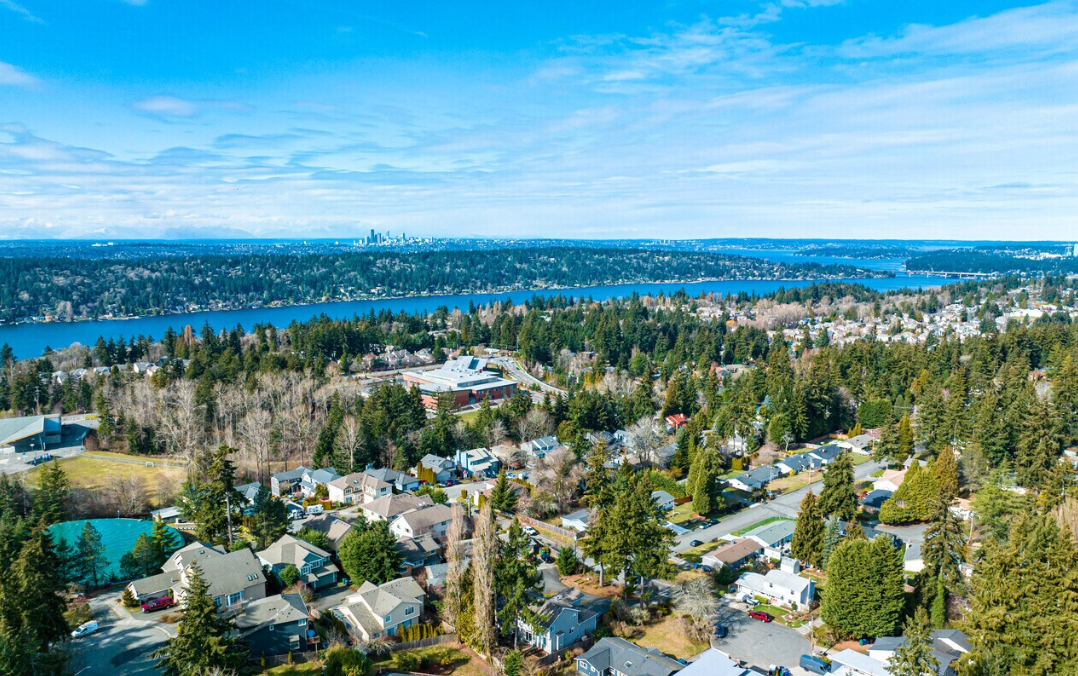 Aerial view overlooking residential neighborhoods in Newcastle, Washington.