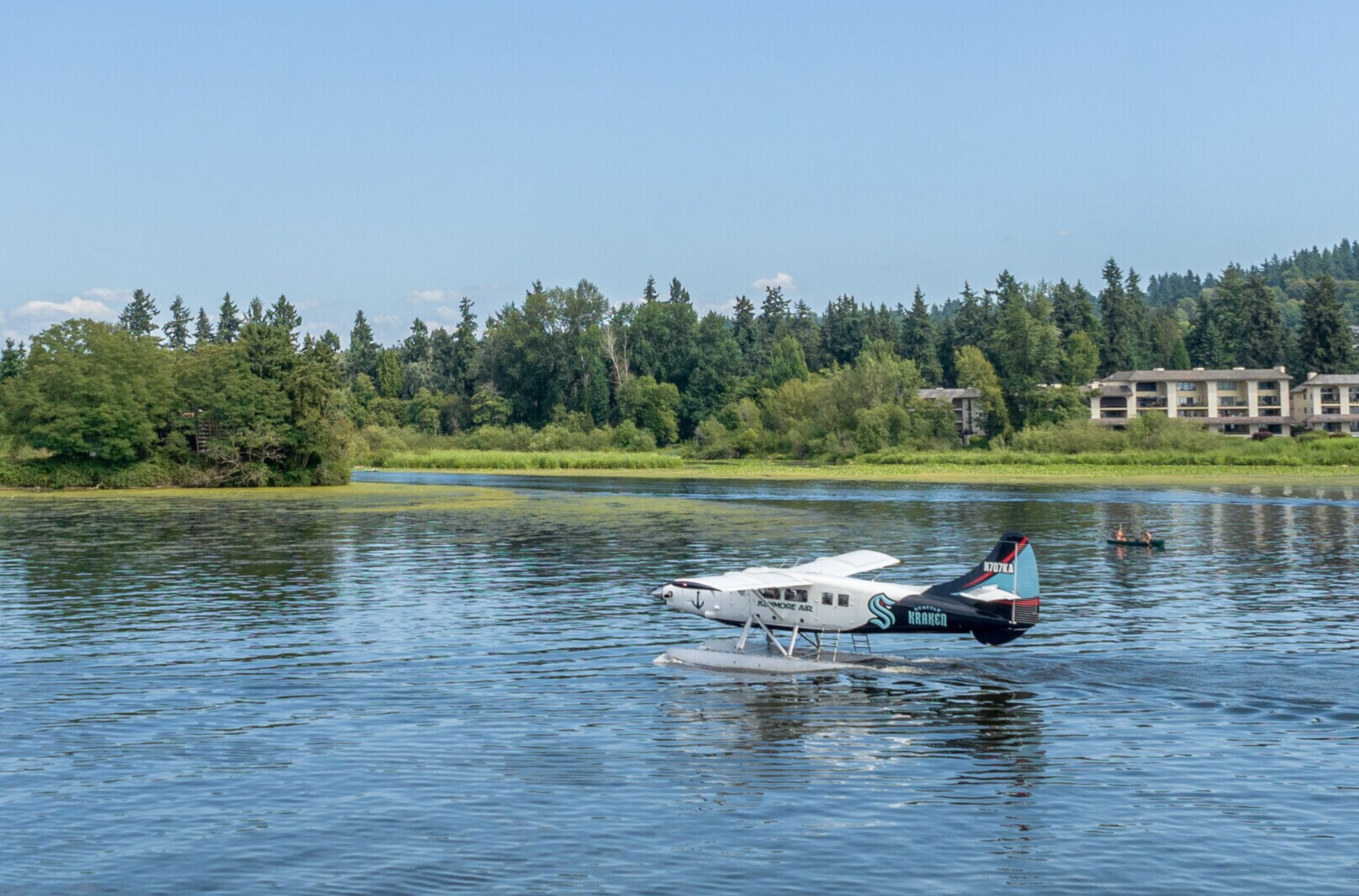 Seaplane on Lake Washington near the Kenmore waterfront in Kenmore, Washington.