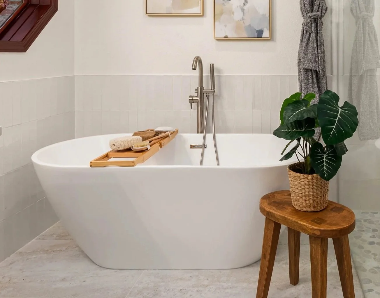 Freestanding bathtub installation completed by F&M Construction & Remodeling in Kirkland, WA, featuring luxury bathroom fixtures, modern plumbing installation, and spa-inspired bathroom remodeling for Eastside homes.