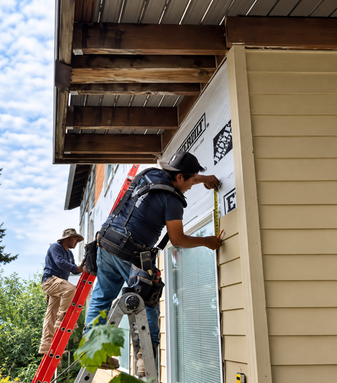 Two construction workers installing or repairing a window on a house's exterior wall. One worker is on a ladder measuring with a tape, and the other is on an extended ladder working near the roof. The house has beige siding and an unfinished roof.