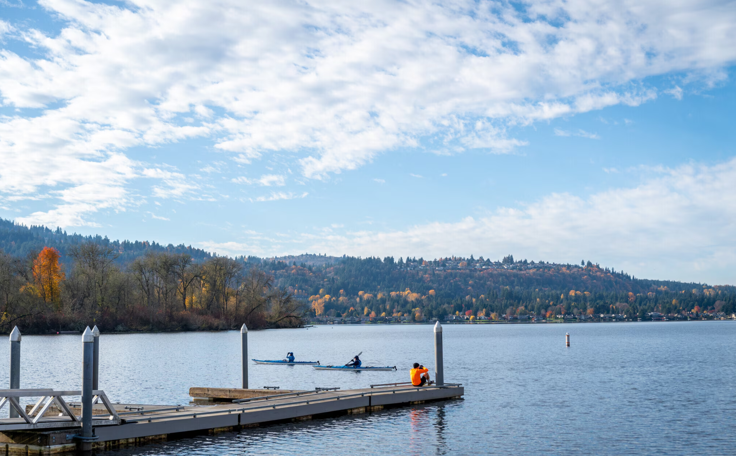 Kayakers launching from a dock on Lake Sammamish in Sammamish, Washington.