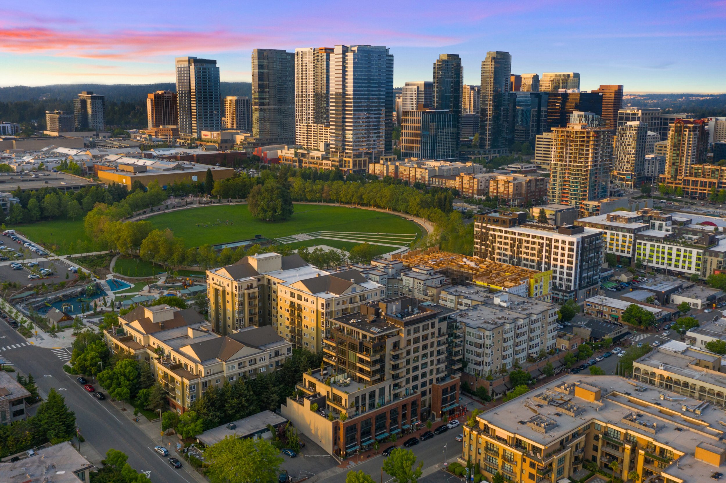 Aerial view of Bellevue Downtown Park and the surrounding skyline in Bellevue, Washington.