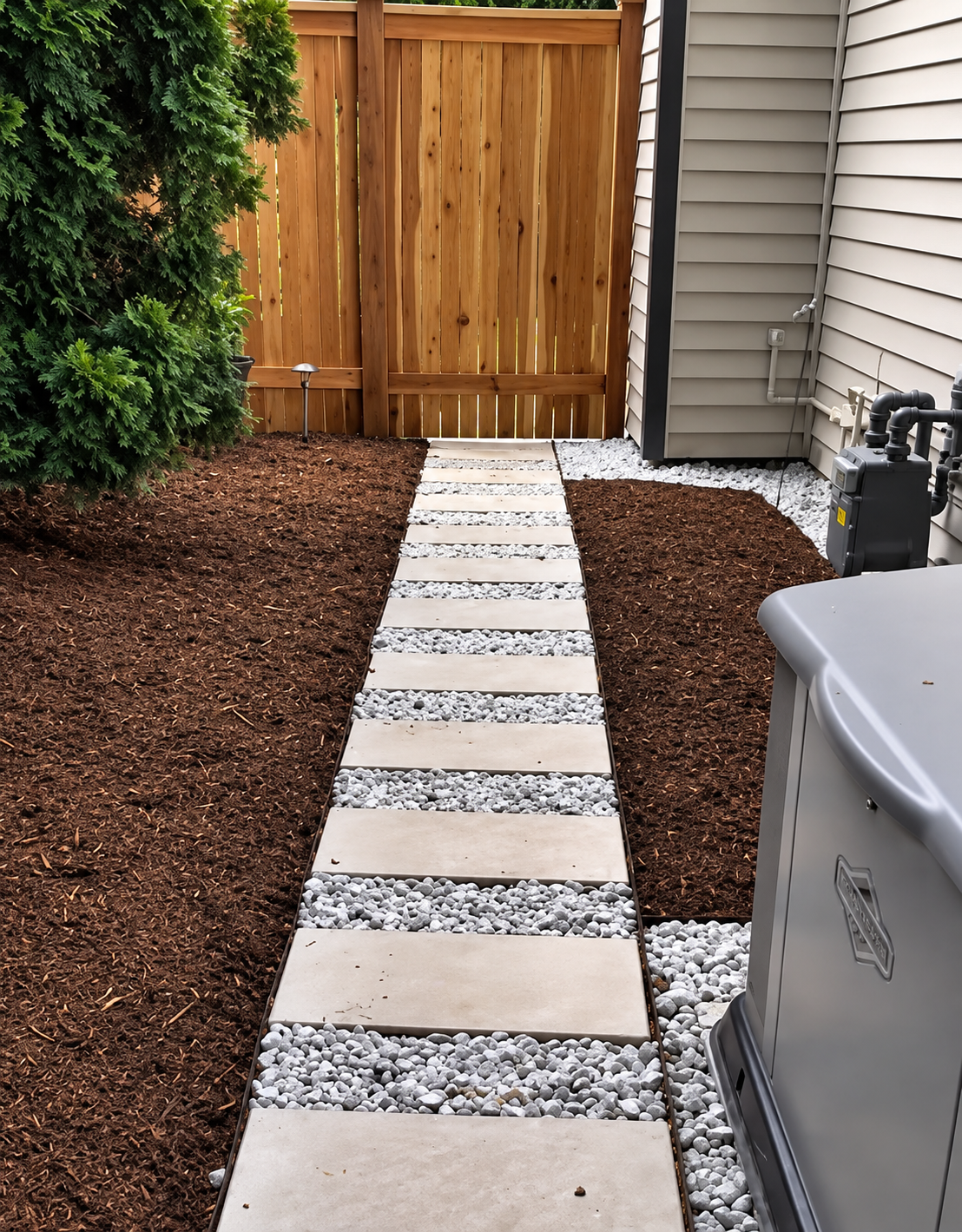 A backyard pathway made of large rectangular stepping stones with gravel in between, bordered by turned soil, leading to a wooden gate with a lawn light on the left side, and part of a house with beige siding on the right side.
