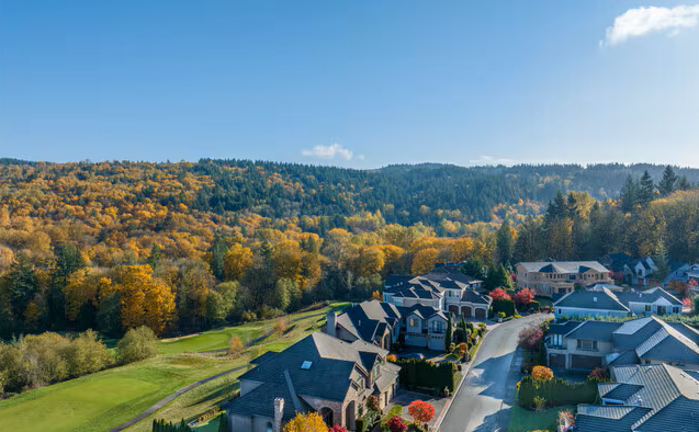 Aerial view of hillside homes and neighborhoods in Newcastle, Washington.