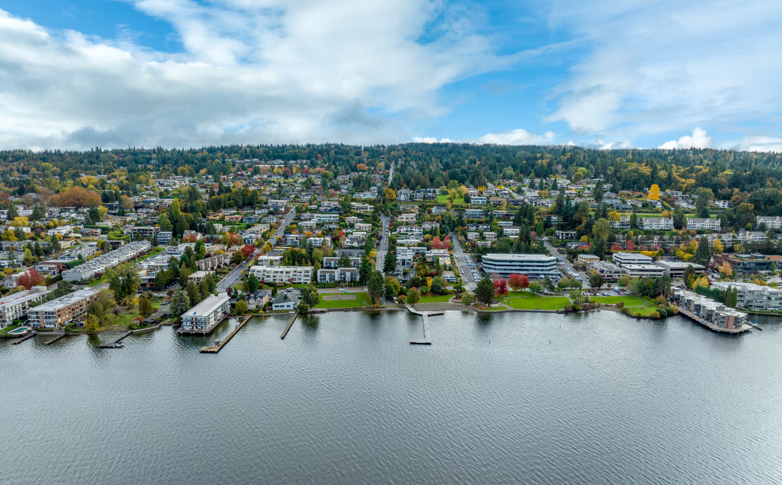 Aerial view of Kirkland's waterfront along Lake Washington in Kirkland, Washington.