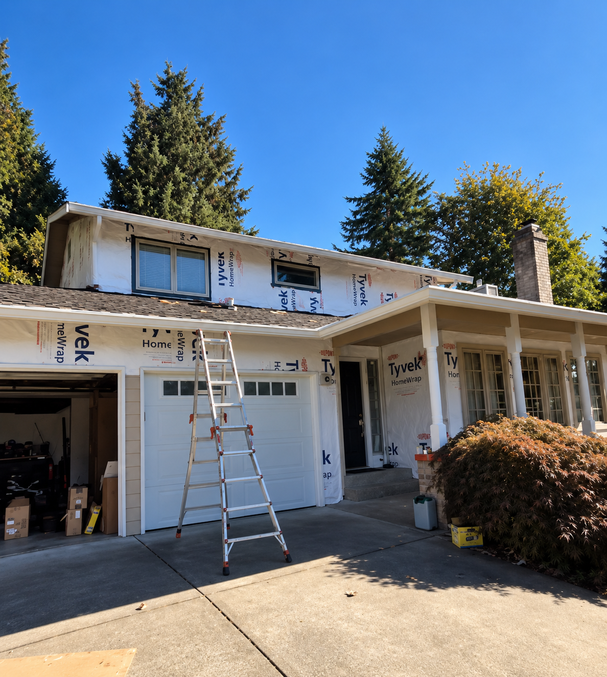 House undergoing exterior renovation with Tyvek HomeWrap on upper and lower sections, ladder in front, garage door open revealing tools and boxes inside, and a bush near the entrance.