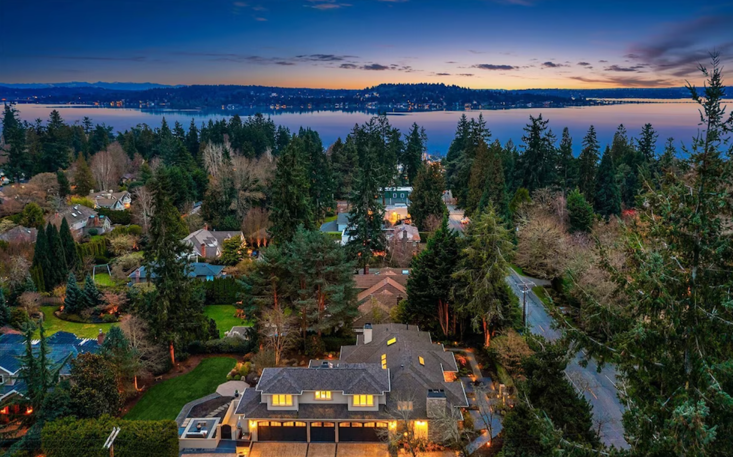 Aerial view of luxury homes and tree-lined neighborhoods in Medina, Washington.