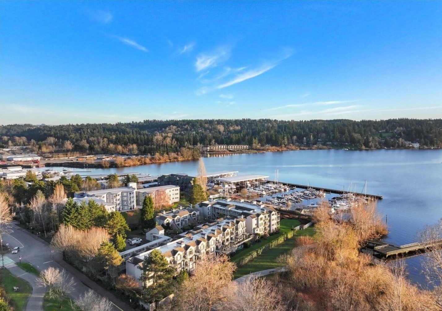 Aerial view of the Kenmore Marina on Lake Washington in Kenmore, Washington.