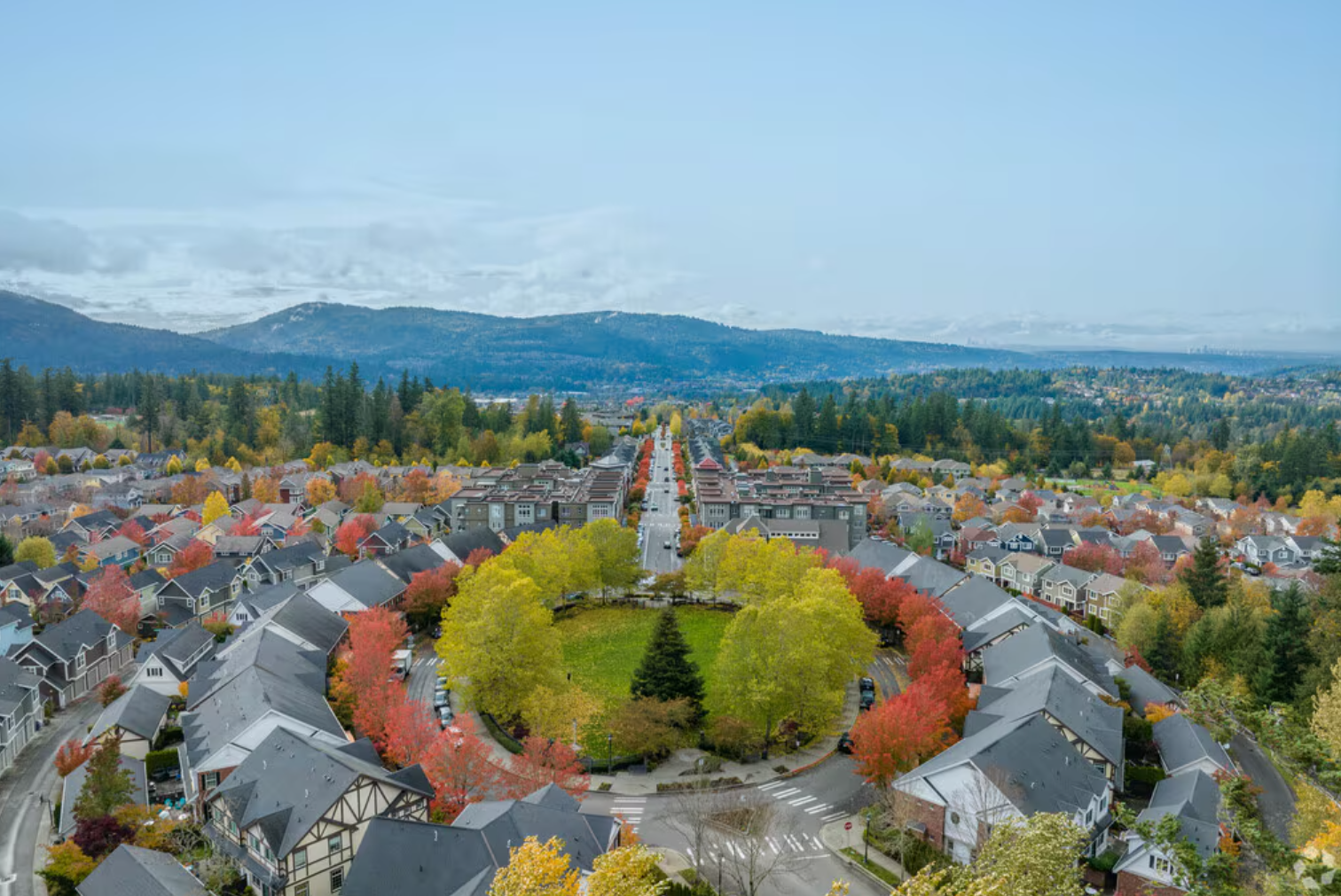 Aerial view of the Issaquah Highlands community in Issaquah, Washington.