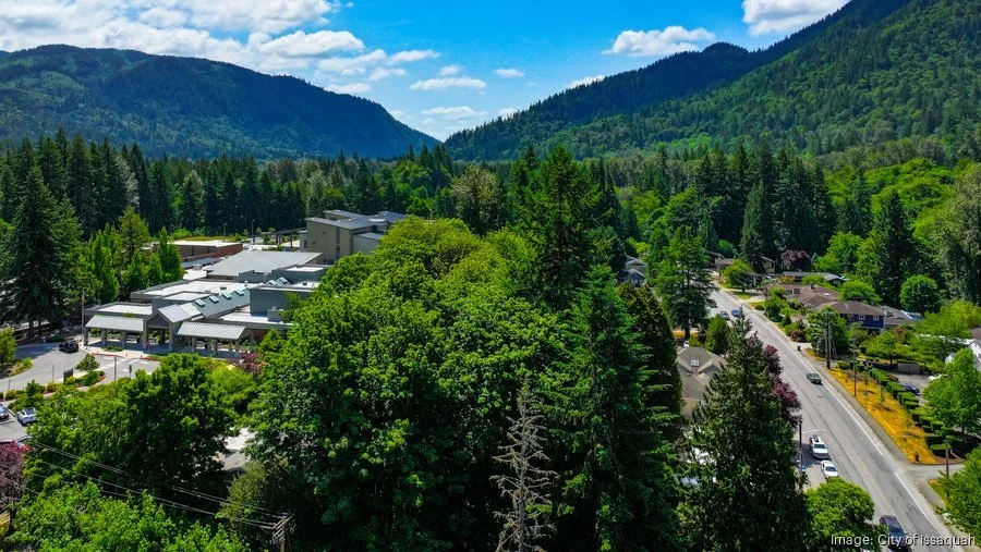 Aerial view of residential neighborhoods surrounded by mountains in Issaquah, Washington.