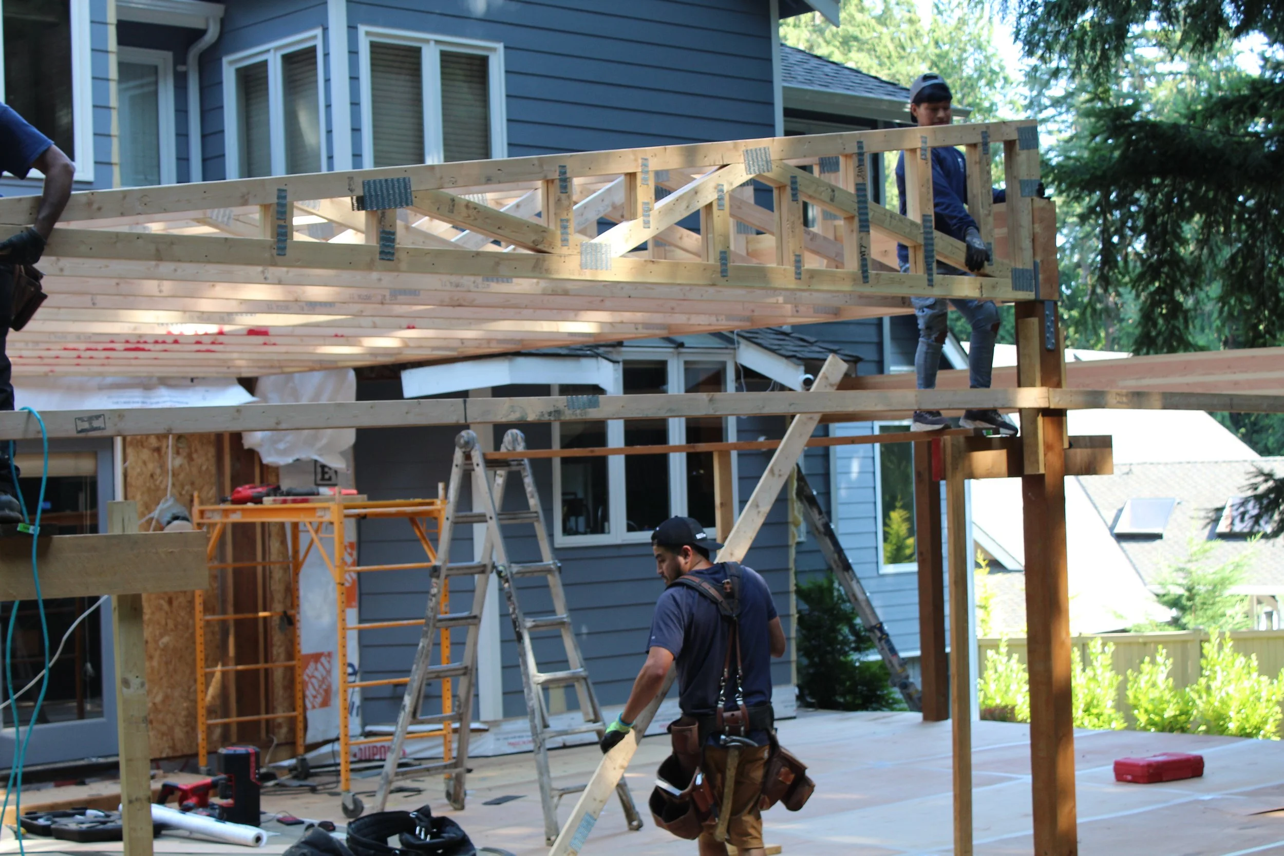Structural framing for a custom accessory dwelling unit (ADU) in Bellevue, WA showcasing expert residential construction by F&M Construction & Remodeling for homeowners throughout Seattle and the Eastside.