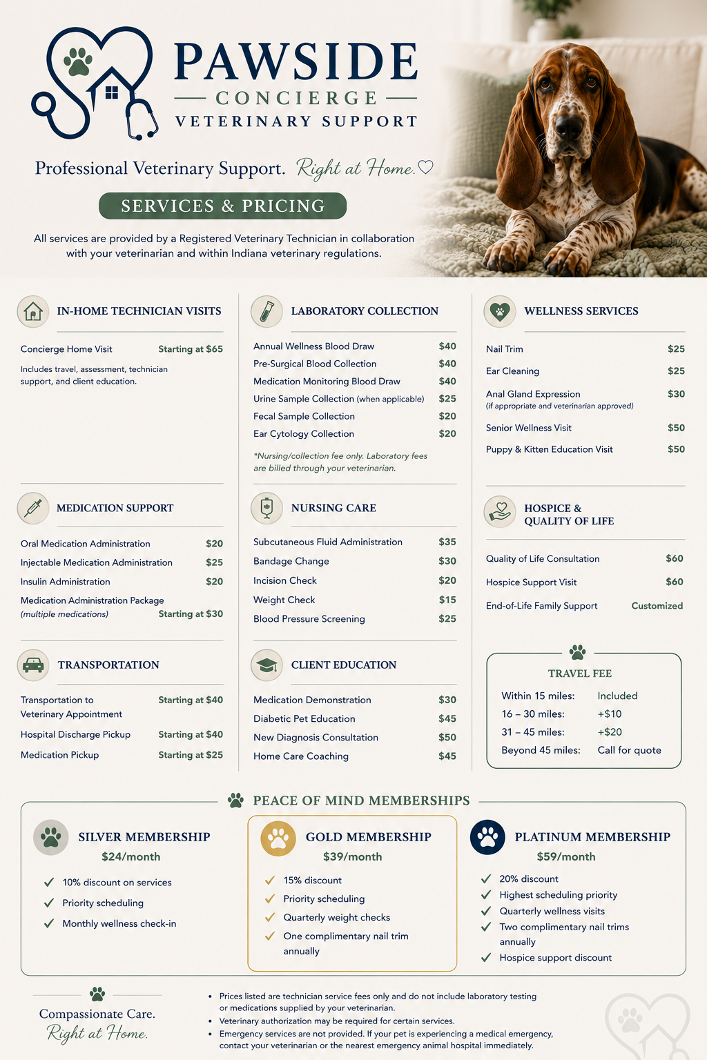 Flyer for Pawside Concierge Veterinary Support featuring a puppy, with sections outlining services and pricing for in-home visits, laboratory collection, wellness services, medication support, nursing care, transportation, client education, hospice and quality of life, travel fees, and memberships, along with a logo of a stethoscope, paw print, and house.