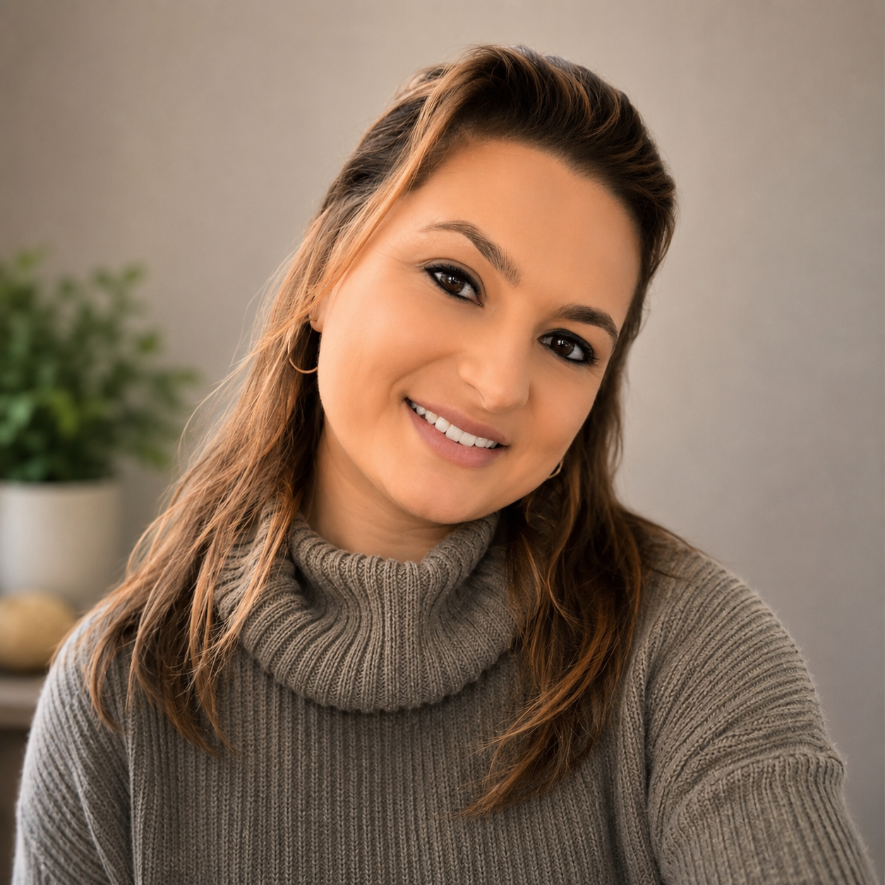 A woman with brown hair smiling at the camera, wearing a gray turtleneck sweater, with a blurred plant in the background.