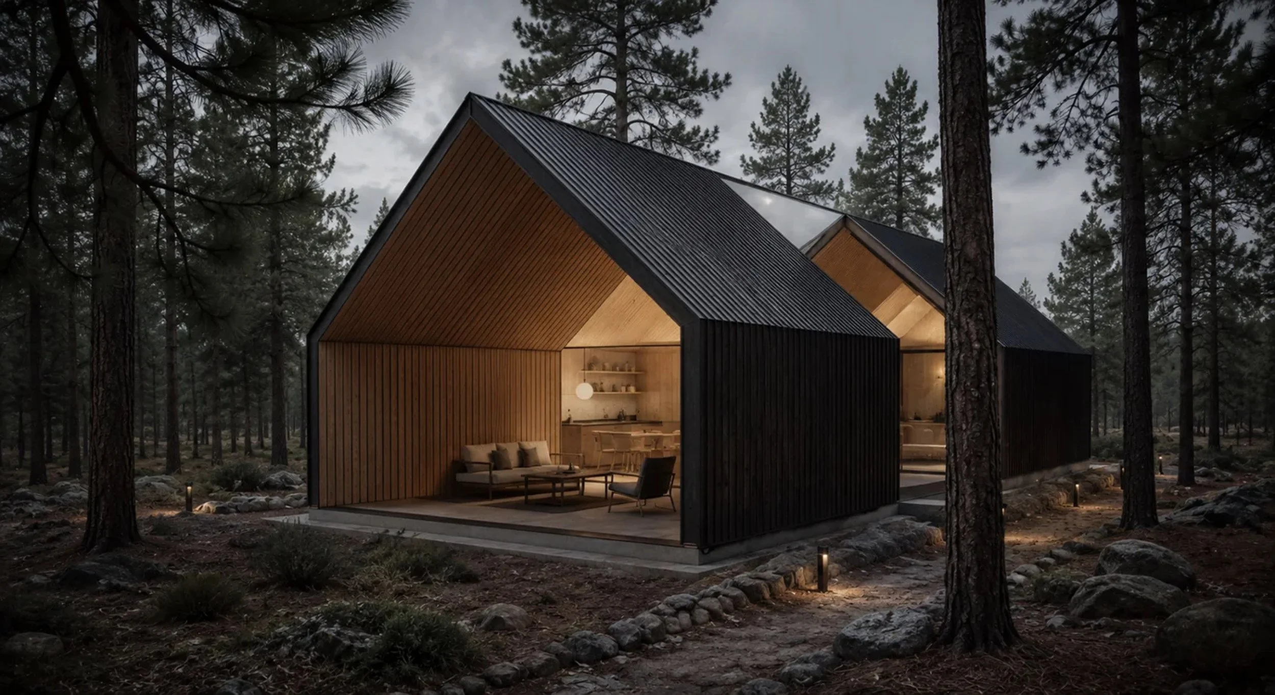 Modern timber cabin in a wooded landscape