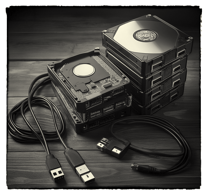 A group of archive hard drives and cables