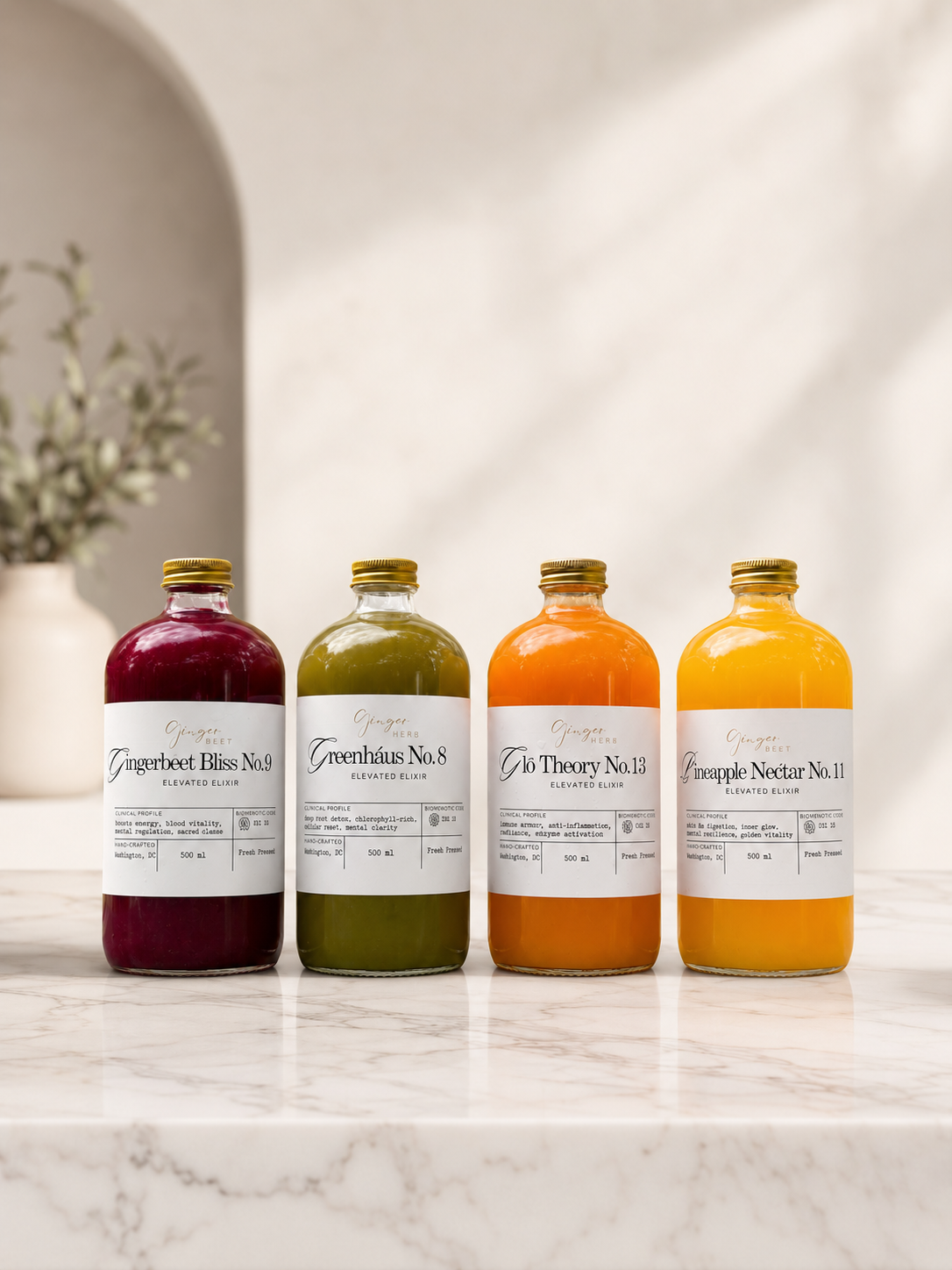Gingerbēet Elevated Elixir Collection featuring handcrafted botanical zero-proof beverages for wellness and hospitality experiences.