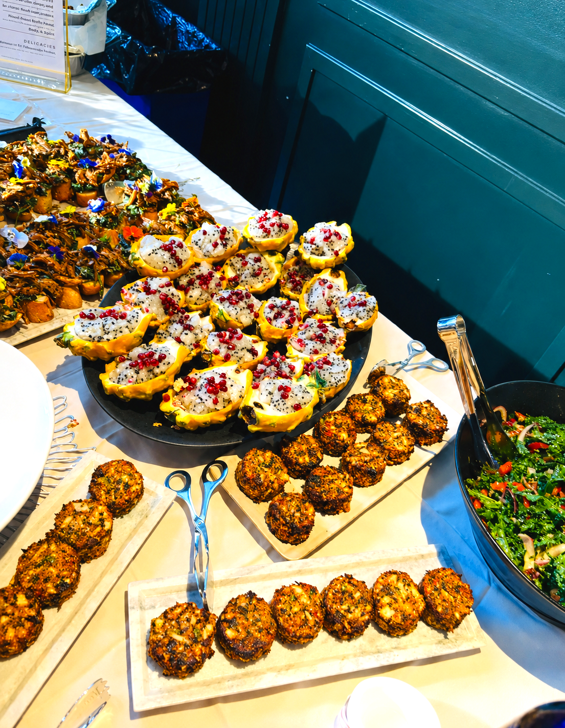Luxury botanical catering display by Gingerbēet featuring handcrafted plant-based appetizers for private  and corporate events.