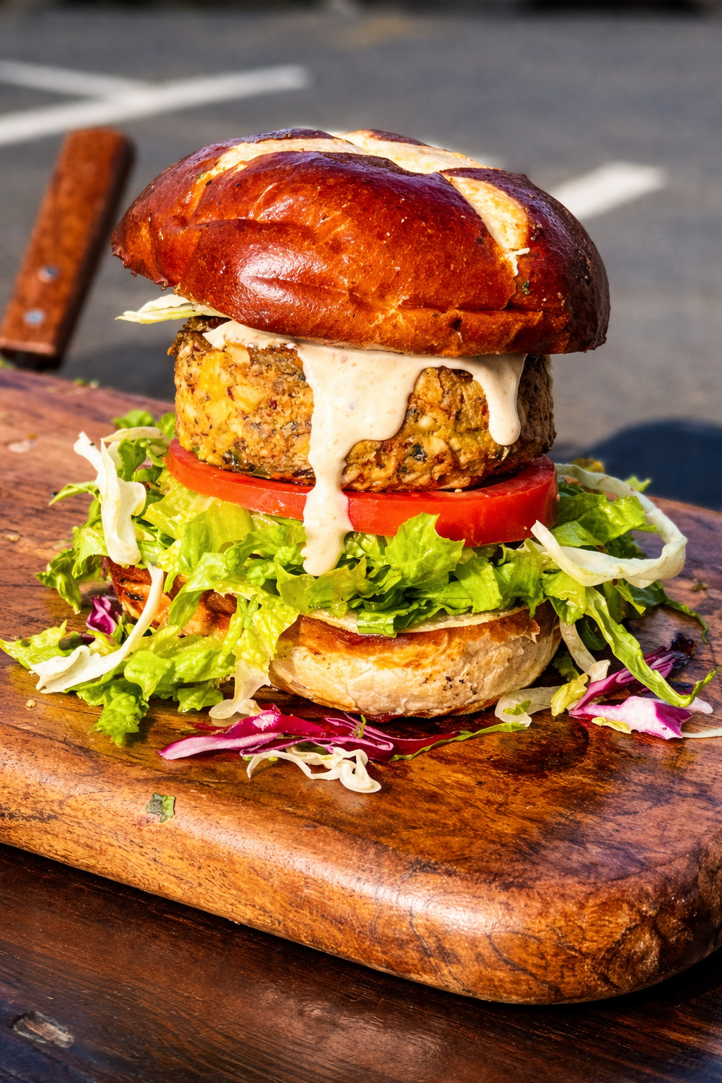 Plant-Based Crab Cake sandwich with house made tartar sauce, remoulade sauce, house made dill pickles, lettuce, tomato, red onion on a pretzel bun paired with our French quarter cajun wedges. 100% plant-based vegan botanical cuisine.
