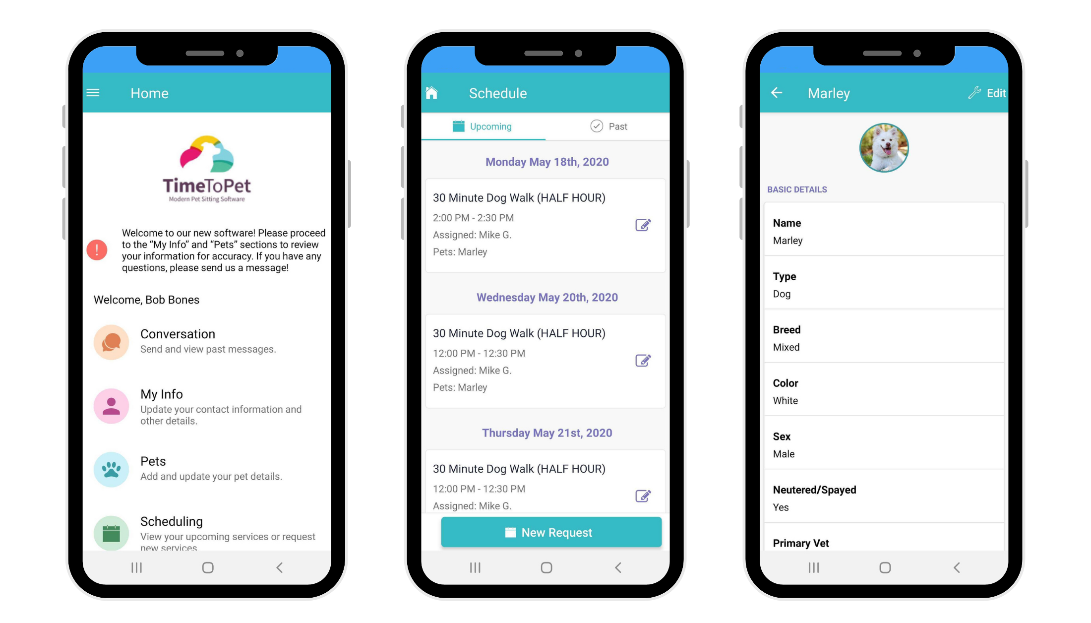 Three phones showing the TIme to Pet Portal in different ways. Phone one outlines the capabilities of Time to Pet including communication, my info, pets, and scheduling. Phone 2 shows an example of scheduling services. Phone 3 shows a pet's profile.
