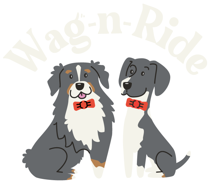 Wag-N-Ride Logo with "Wag-N-Ride" wordmark above illustration of two dogs wearing bow ties.