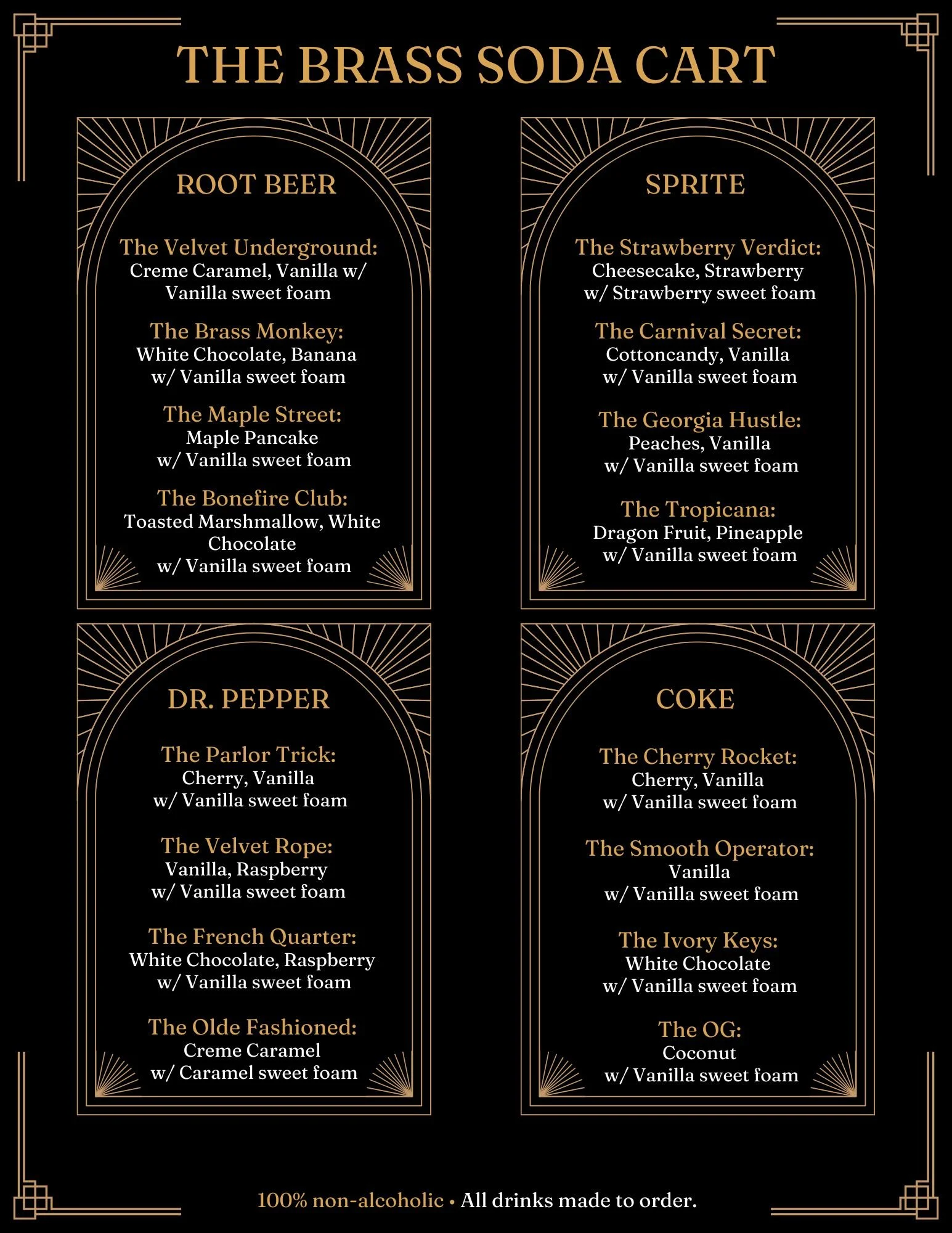 Brass Dirty Soda Cart Menu 2026