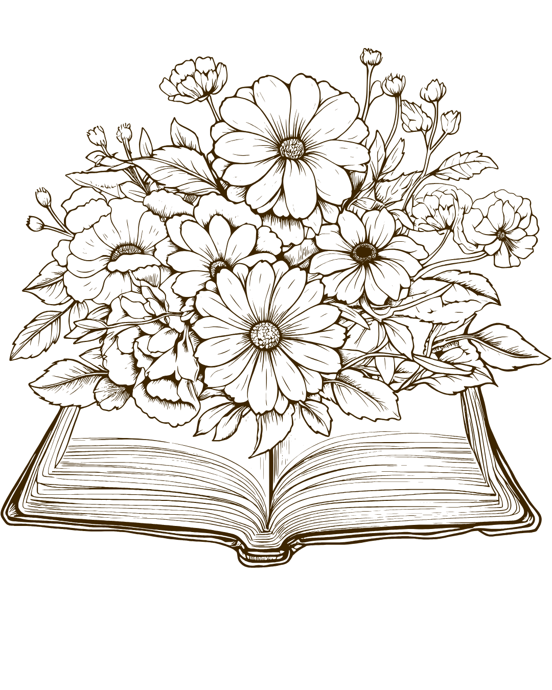 An illustrated open book with detailed floral designs emerging from its pages.