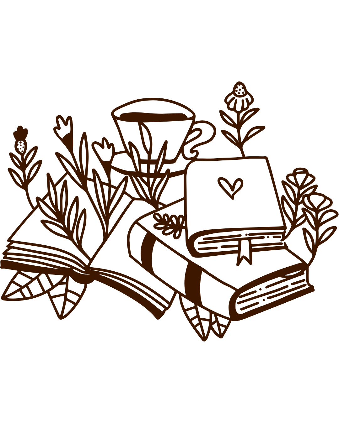 Outline drawing of a cup, a stack of books with a heart on top, an open book, and flowers with leaves, arranged on a surface.