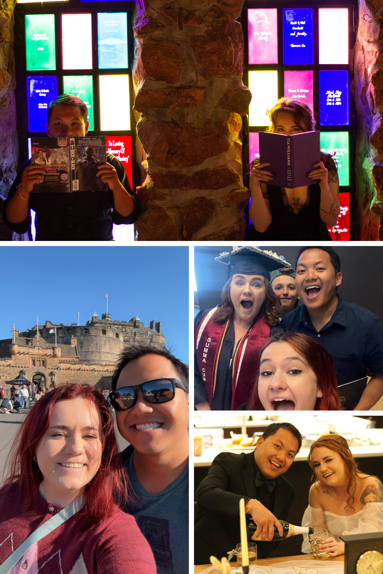 Collage of five photos showing people at different locations and events. Top left: a man and woman reading menus in a dimly lit restaurant with colorful backlit signs. Top right: a group of people, some wearing graduation attire, celebrating indoors. Middle left: a couple with smiling faces in front of a castle and flags outdoors. Middle right: a man and woman at a bar, smiling, with a woman pouring drinks. Bottom: a man and woman at a restaurant, smiling and pouring drinks, dressed formally.