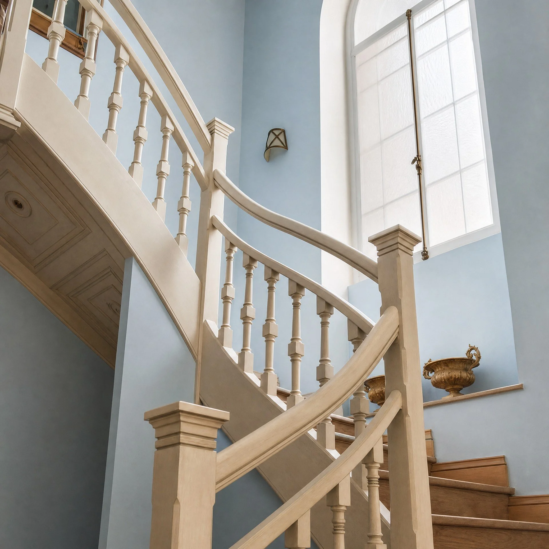 Scala con balaustra bianca, gradini color crema e pareti azzurre, illuminata dalla luce naturale.