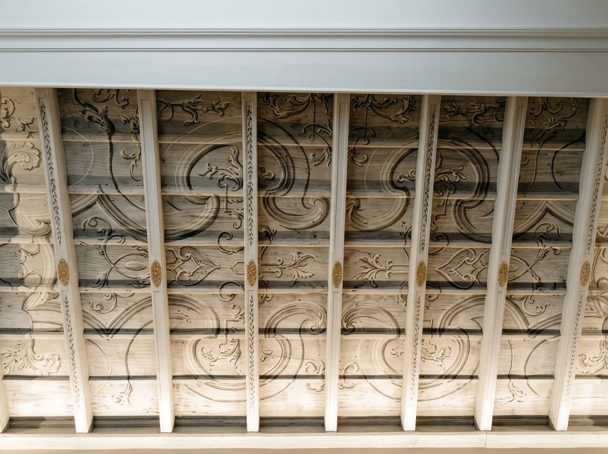 Soffitto con decorazioni in legno e intricati motivi floreali e ornamentali.