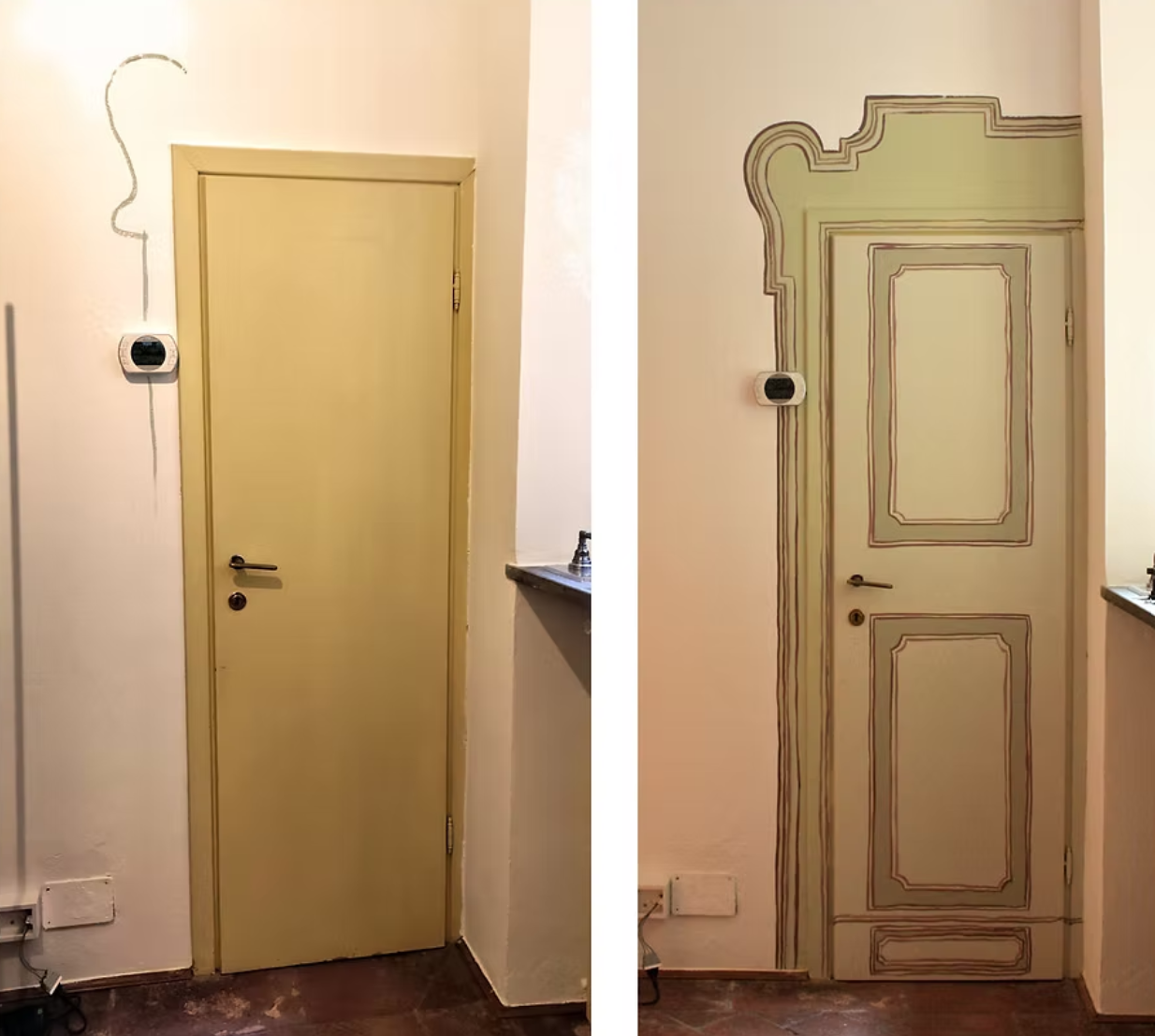 Before-and-after images of a door frame. The left shows a plain yellow door, and the right shows the same door with decorative painted lines resembling ornate molding.