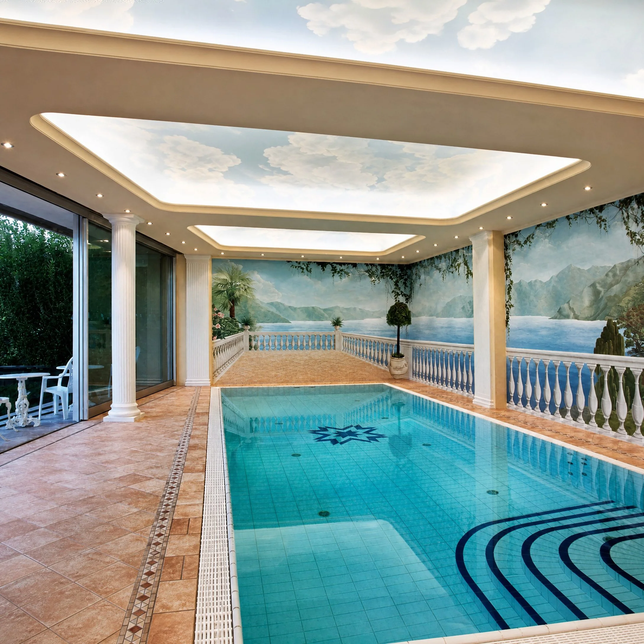 Ambiente con piscina interna e decorazione pittorica trompe-l’œil raffigurante montagne, alberi e cielo.