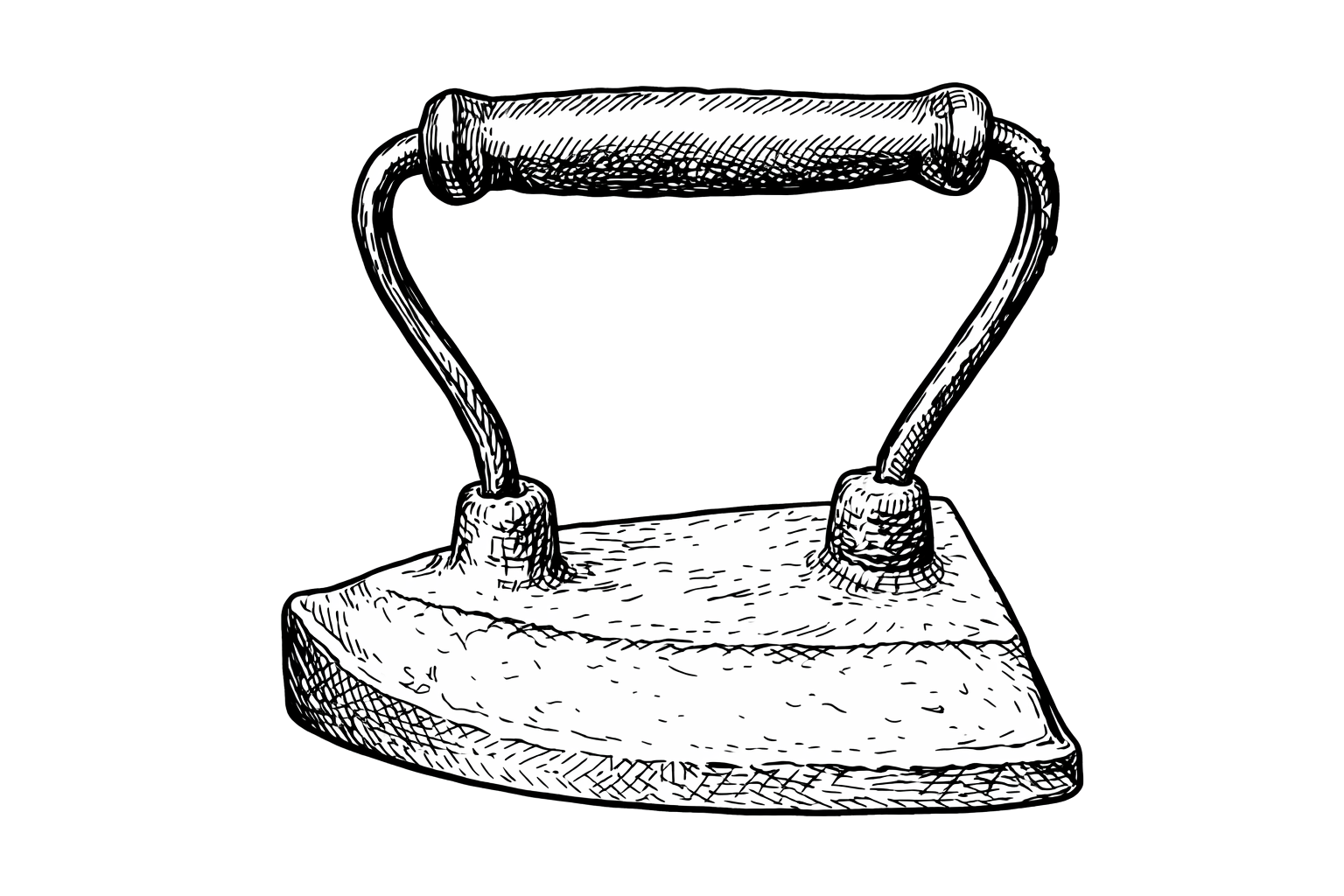 A black and white illustration of an old-fashioned iron with a handle and a flat soleplate.