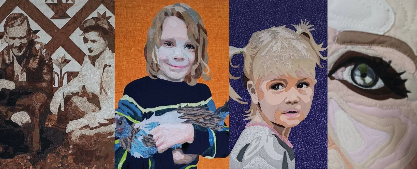 Four different artistic portraits of children and a close-up of an eye with makeup, in varied artistic styles and backgrounds.