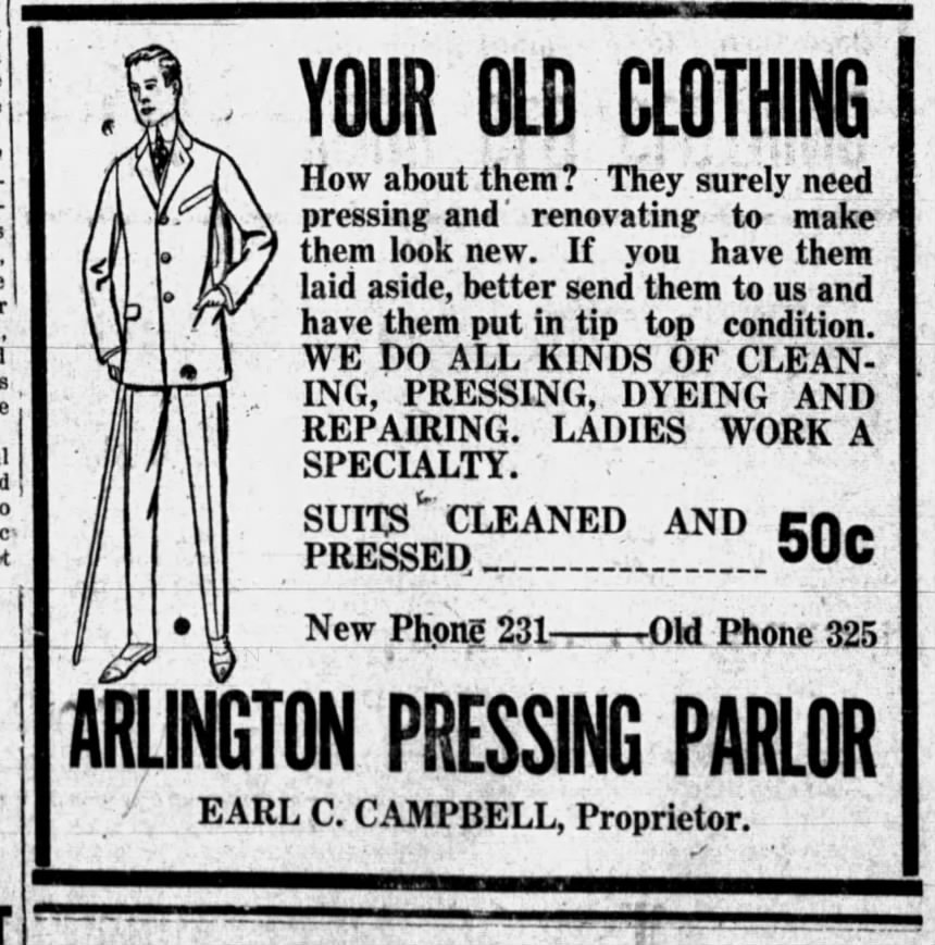Old newspaper advertisement for Arlington Pressing Parlor, offering cleaning, pressing, dyeing, and repairing services for clothing, with a drawing of a man in a suit. Price for suit pressing is 50 cents.