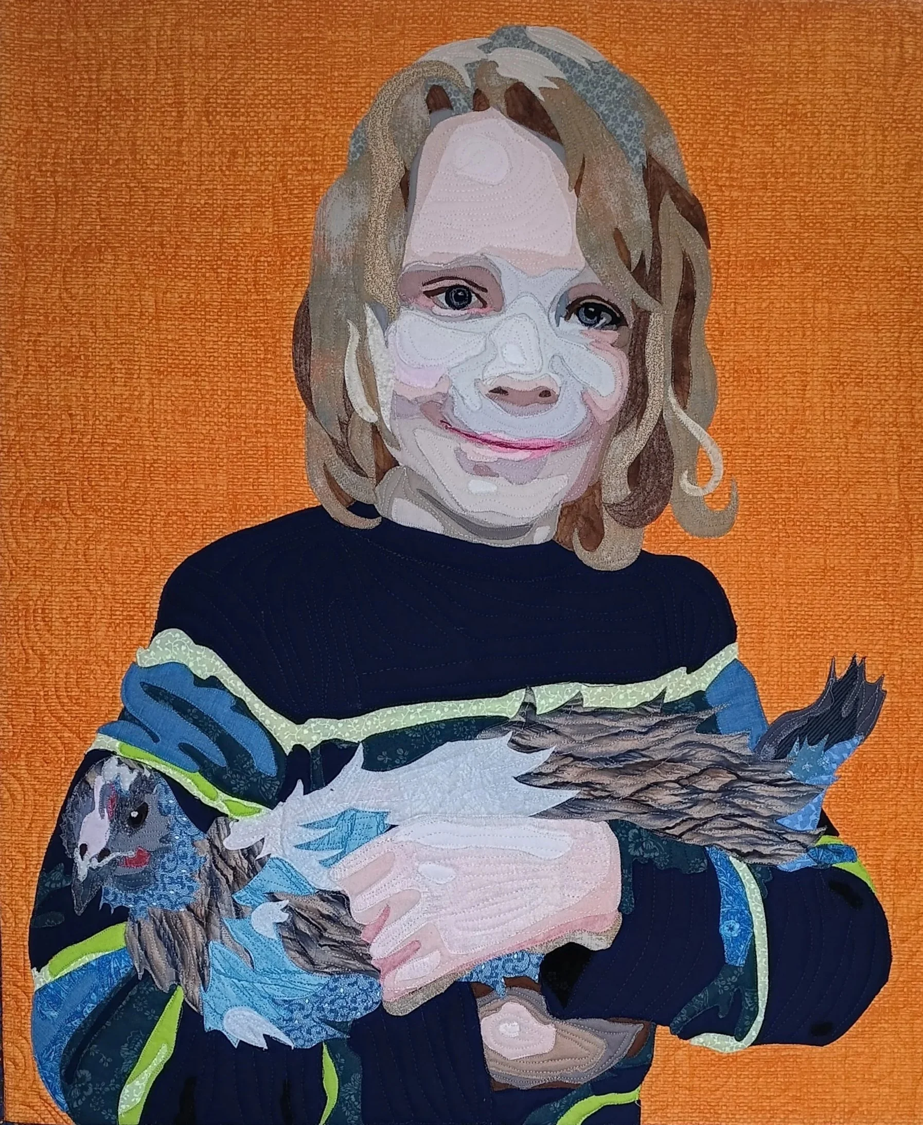 A portrait of a boy with blonde, wavy hair wearing a black top against an orange textured background. The image appears to be created in a digital art style resembling a textured painting.