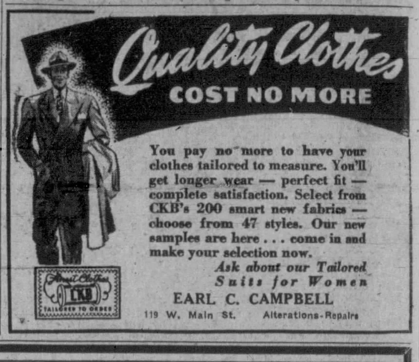 Vintage advertisement for Qualim Clothes promoting tailored clothing for women, with an illustration of a woman in a suit and hat, and contact details for Earl C. Campbell at 119 W. Main St.