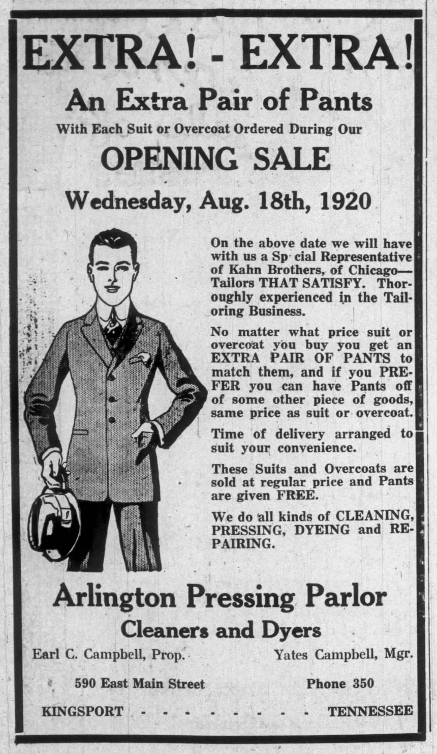 A vintage black-and-white newspaper advertisement for Arlington Pressing Parlor from August 18th, 1920, promoting a special sale including an extra pair of pants with suits or overcoats, with an illustration of a man in a suit holding a hat and a bag.