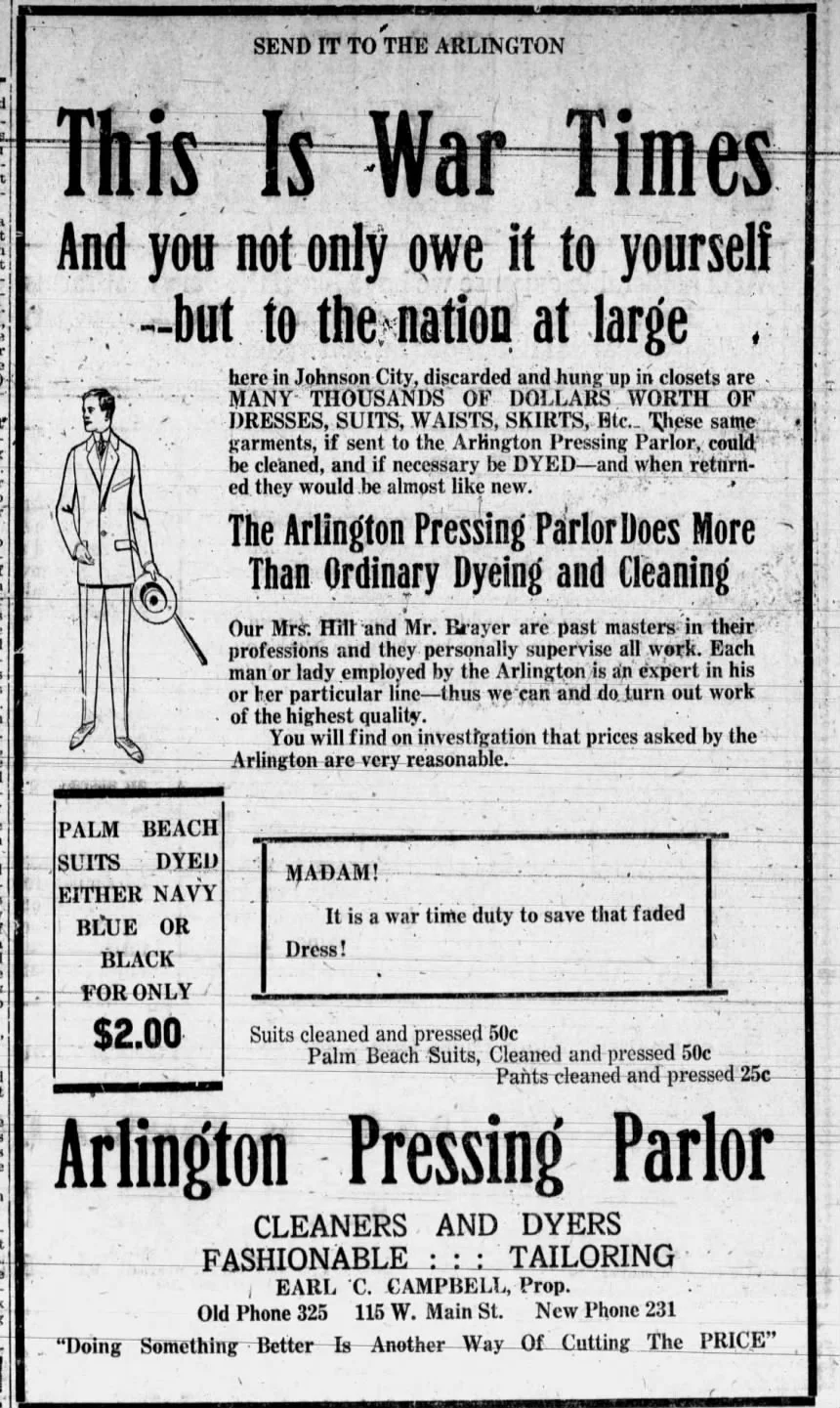 Historical newspaper advertisement for the Arlington Pressing Parlor offering laundry and dyeing services for suits, dresses, and other clothing, and tailoring services. The ad features a drawing of a man in a suit holding a hat, and includes prices and contact information.